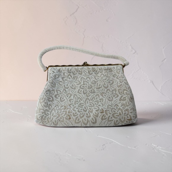 Josef Handbags - Vintage Josef Hand Beaded in France Floral Ivory Evening Bag Rhinestone Clasp